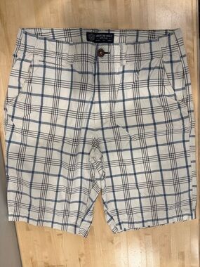 American Eagle Outfitters White and Blue Plaid Cargo Shorts